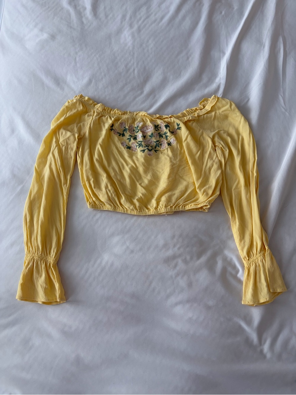 Yellow Embroidered Off-Shoulder Crop Top